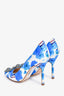 Manolo Blahnik Blue/White Satin Floral Crystal Embellished Hangisi Heels Size 38