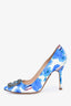 Manolo Blahnik Blue/White Satin Floral Crystal Embellished Hangisi Heels Size 38