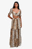 Cami NYC Brown Tiger Printed Silk Short Sleeve 'Christina' Crop Top + Maxi Skirt Set Size S