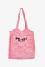 Prada Pink Raffia Crochet Logo Embroidered Tote Bag