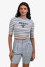 Prada Blue Striped Virgin Wool Ribbed Knit Logo 3/4 Sleeve Top Size 40