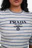 Prada Blue Striped Virgin Wool Ribbed Knit Logo 3/4 Sleeve Top Size 40
