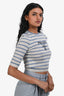 Prada Blue Striped Virgin Wool Ribbed Knit Logo 3/4 Sleeve Top Size 40