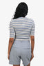 Prada Blue Striped Virgin Wool Ribbed Knit Logo 3/4 Sleeve Top Size 40