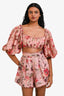 Zimmermann Pink/Multicolour Linen Floral Puff-Sleeve Crop Top Size 0