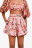 Zimmermann Pink/Multicolour Linen Floral Scalloped High-Waisted Shorts Size 1