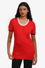 Sandro Red/White/Black Trim Detailed Short Sleeve Top Size 2