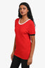 Sandro Red/White/Black Trim Detailed Short Sleeve Top Size 2