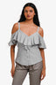 Veronica Beard White/Grey Striped Ruffle Off The Shoulder Button Down Top Size 0