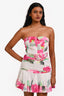 Hemant & Nandida White/Pink Linen 'Henrix' Strapless Floral Belted Midi Dress Size M