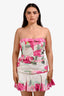 Hemant & Nandida White/Pink Linen 'Henrix' Strapless Floral Belted Midi Dress Size L