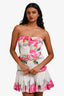 Hemant & Nandida White/Pink Linen 'Henrix' Strapless Floral Belted Midi Dress Size XS
