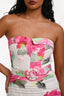 Hemant & Nandida White/Pink Linen 'Henrix' Strapless Floral Belted Midi Dress Size M