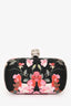 Alexander McQueen Black Multicolour Floral Print Satin Skull Closure Clutch with Chain