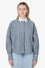 Brunello Cucinelli White/Blue Cotton/Silk Striped Logo Embroidered Shirt Size L