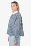 Brunello Cucinelli White/Blue Cotton/Silk Striped Logo Embroidered Shirt Size L
