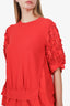 Moncler Red Knit Floral Applique Sleeve Detail Top Size S