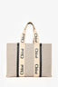 Chloe Beige/Navy Fabric Black Leather Trim Logo Woody Large Tote