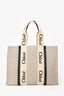 Chloe Beige/Navy Fabric Black Leather Trim Logo Woody Large Tote