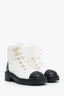 Pre-Loved Chanel™ White Tweed Lambskin Quilted Lace Up Combat Boots Size 37.5