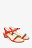 Pre-Loved Chanel™ Red Leather Chain Detail Block Heel Sandals Size 36