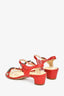 Pre-Loved Chanel™ Red Leather Chain Detail Block Heel Sandals Size 36