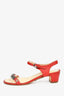 Pre-Loved Chanel™ Red Leather Chain Detail Block Heel Sandals Size 36