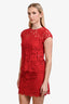 Dolce & Gabbana Red Rosso Lace Crewneck Top + Midi Skirt Set