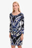 Emilio Pucci Blue Silk Patterned Long Sleeve Dress Size 10