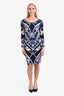 Emilio Pucci Blue Silk Patterned Long Sleeve Dress Size 10