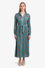 Gucci Blue/Beige Metallic Print Long Sleeve Button Down Maxi Dress Size M