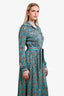 Gucci Blue/Beige Metallic Print Long Sleeve Button Down Maxi Dress Size M
