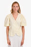 Ganni Light Yellow/White Puffy Short Sleeve Wrap Top Size 40