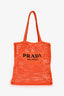 Prada Orange Small Logo Crochet Raffia Tote