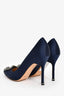 Manolo Blahnik Navy Satin Embellished Hangisi Heels Size 38.5
