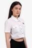 Miu Miu 2023 White Logo Embroidered Distressed Cropped Button-Up Shirt Size 38