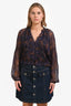 Veronica Beard Navy/Brown Paisley Print Silk Sheer Button Up Blouse Size 10