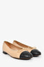 Pre-Loved Chanel™ Beige/Black Leather Cap Toe CC Ballet Flats Size 38.5 (As Is)