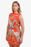 Hermès Orange/Multicolour Virgin Wool Bird Print Midi Dress Size 42