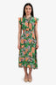 Sandro Green/Peach/Black Floral Print Ruffle Detail Midi Dress Size 34