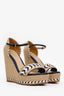 Gucci Beige/Blue Leather and Raffia Wedge Sandals Size 36.5