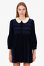 Gucci Blue Velvet Crochet Collar Ruched Mini Dress Size 42