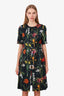 Oscar de la Renta Green/Multicolour Floral Print Belted Short Sleeve Midi Dress Size 4