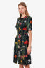 Oscar de la Renta Green/Multicolour Floral Print Belted Short Sleeve Midi Dress Size 4