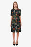 Oscar de la Renta Green/Multicolour Floral Print Belted Short Sleeve Midi Dress Size 4