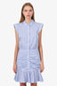 Veronica Beard Blue/Ecru Cotton 'Flounce' Hem Ruched Shirt Dress Size 6