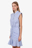 Veronica Beard Blue/Ecru Cotton 'Flounce' Hem Ruched Shirt Dress Size 6