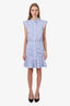 Veronica Beard Blue/Ecru Cotton 'Flounce' Hem Ruched Shirt Dress Size 6