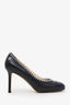 Pre-Loved Chanel™ Black/Navy Leather CC Pearl Around Embellished Pumps Size 40