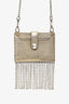 Miu Miu Gold Metallic Leather Crystal Embellished Fringe Card Hold With Chain
